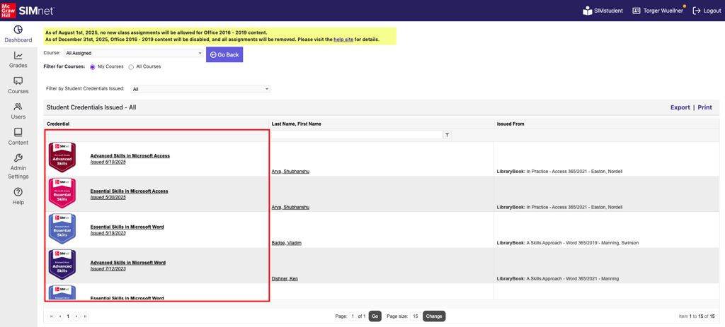Screenshot of Credentials report showing all credentials earned.