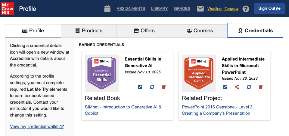 Screenshot of credentials wallet showing learner's earned credentials.